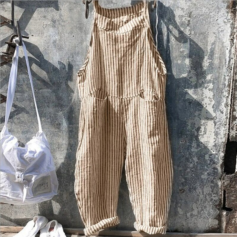 2024 bohémien primavera pagliaccetti Stripe Casual tute da donna alla moda tasche in cotone tuta Casual tuta di alta qualità