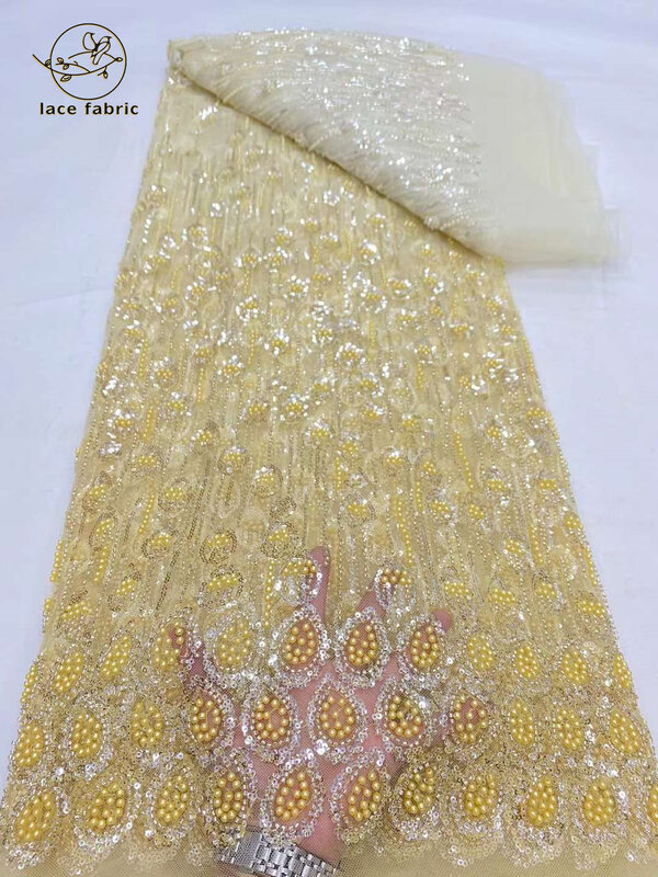Gaun pesta pernikahan pengantin, kain renda Tulle manik-manik buatan tangan Afrika kuning kualitas tinggi 3D payet Prancis