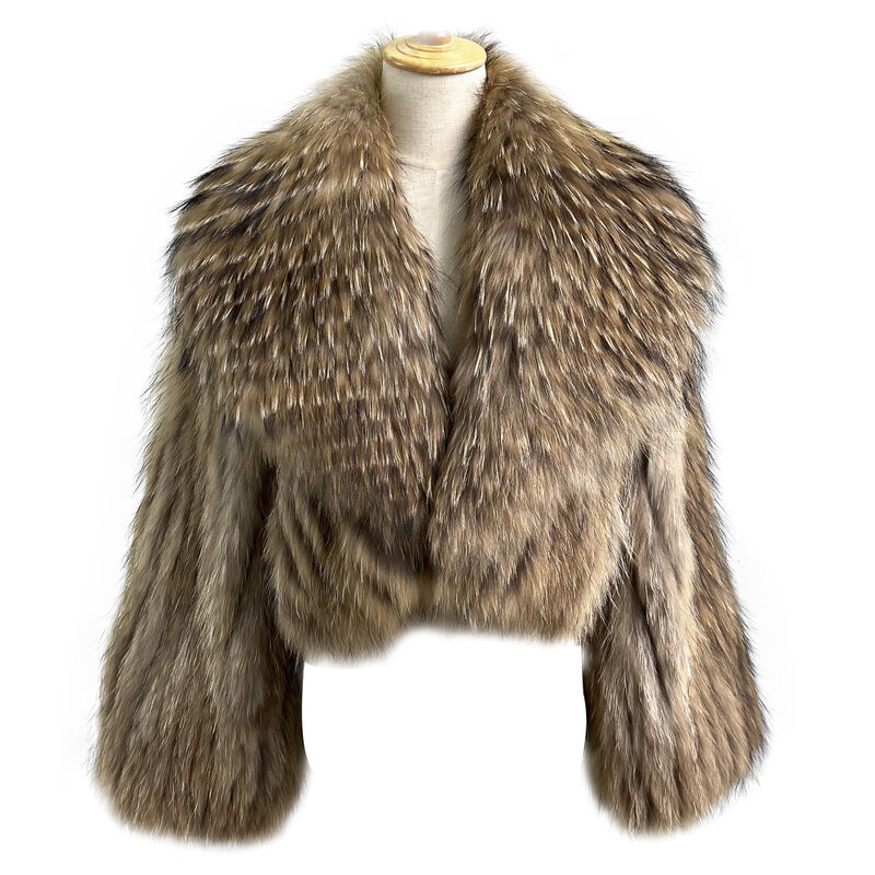 Женское меховое пальто, короткое пальто с высокой талией и полосками из меха енота, 2022