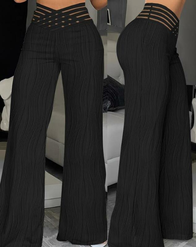 Elegante calça de cintura alta feminina, cintura alta, texturizada Criss Cross Sheer Mesh Design, calça feminina de trabalho, verão