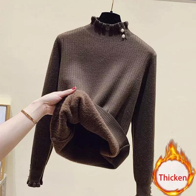 Baru musim gugur musim dingin wanita Pullover Turtleneck Sweater Vintage kualitas tinggi tebal hangat bulu domba lapisan Sweater rajut E29