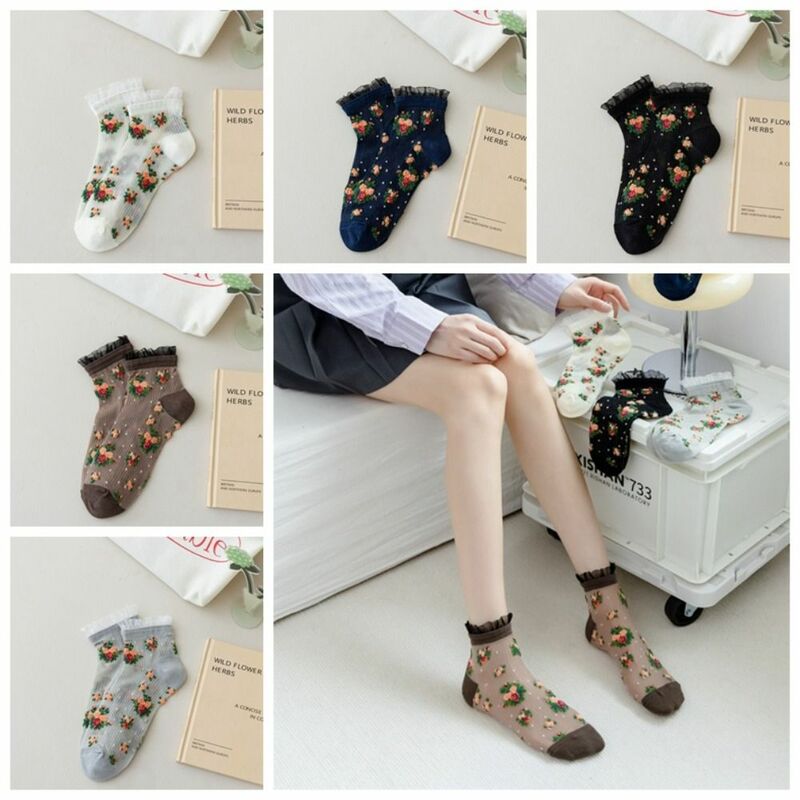 Floral Element Crystal Silk Socks Ultra-thin Sweat Absorbing Floral Embroidery Socks Anti-Friction Foot Breathable