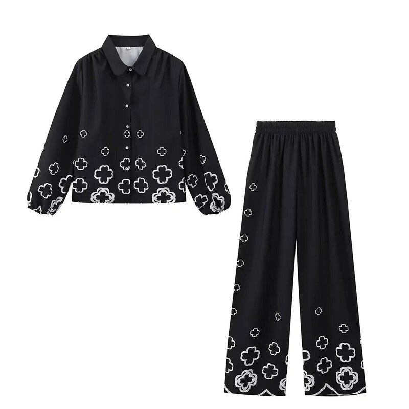 Conjunto de pijama de 2 piezas para mujer, camisa de manga con estampado de flores elegantes, pantalones de encaje, traje de casa, ropa de calle, trajes de primavera y verano