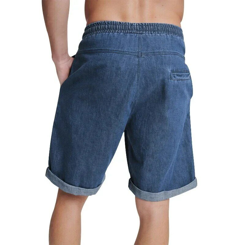 Shorts casuais de algodão puro, shorts jeans de cor sólida, solto de cintura alta, cordão, respirável, verão