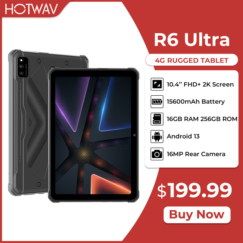 HOTWAV-R6 Tablet Ultra Robusto, Bateria Massiva, 15 600mAh, Carregamento 20W, Pad de Exibição 10.4 ''FHD + 2K, Andróide 13, 16GB, 256GB, PC