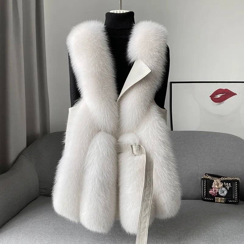 Jaqueta fofa de pele de raposa espessa para mulheres, casaco de comprimento médio, colete feminino, inverno