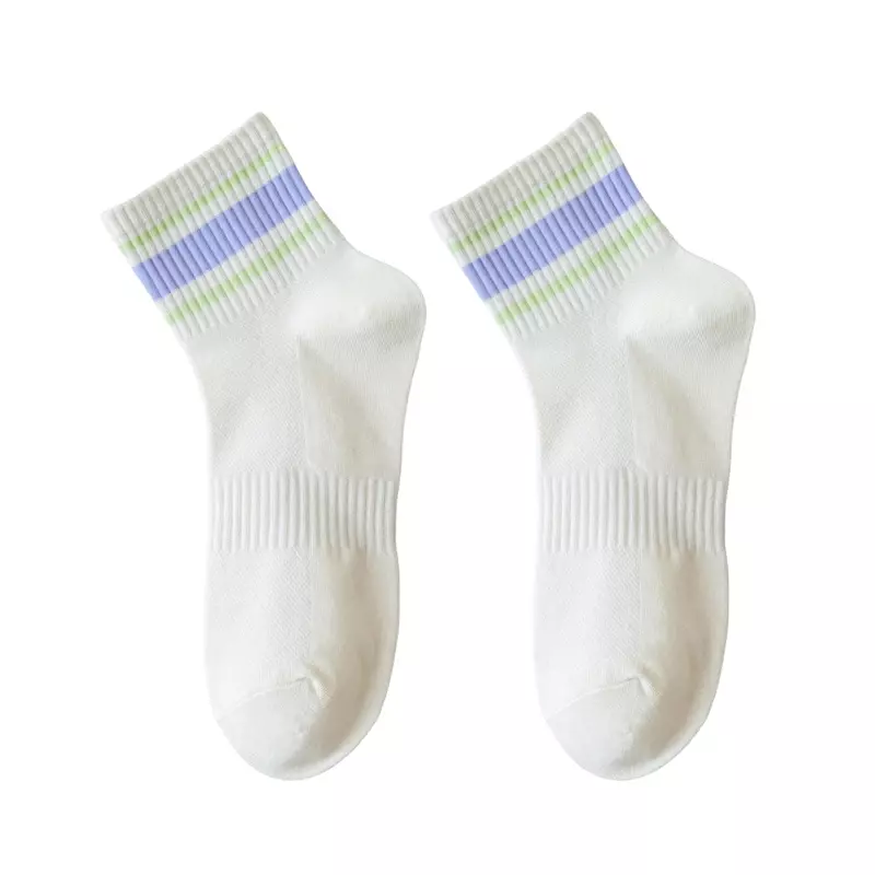 6 Pairs Women Socks Set Thin New Mixed-Color Casual Striped Multipack Mesh Socks Preppy Style Simple Casual Basic White Socks