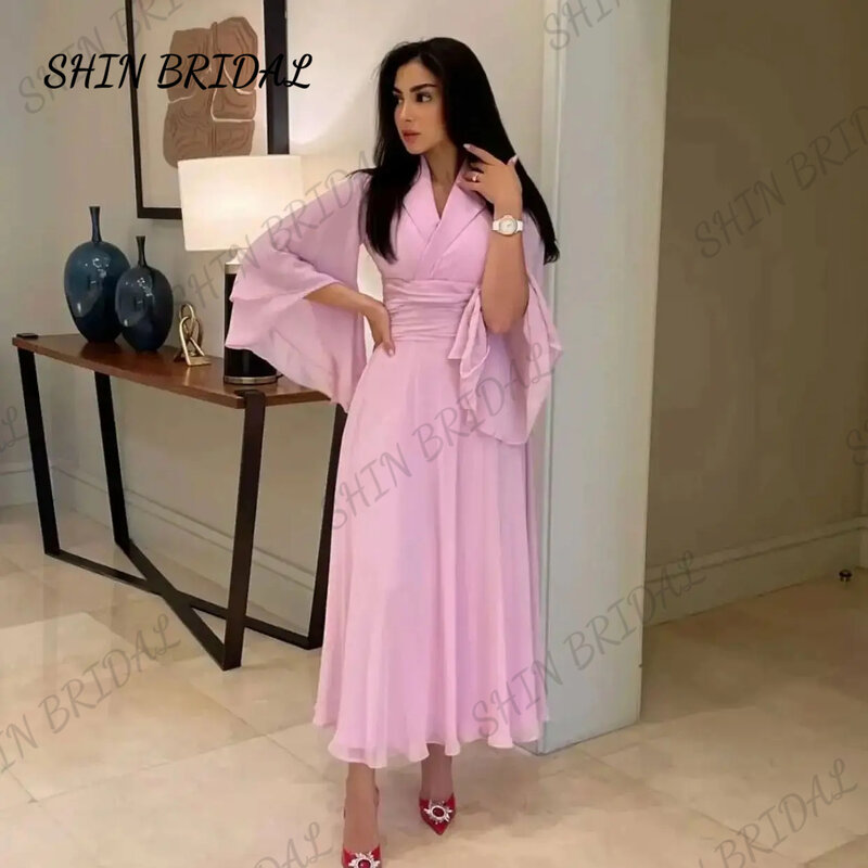 Elegante Ballkleider Luxus rosa Kleid lange Ärmel Chiffon lange Ärmel V-Ausschnitt knöchel lang formelle Anlass Kleid Saudi-Arabien