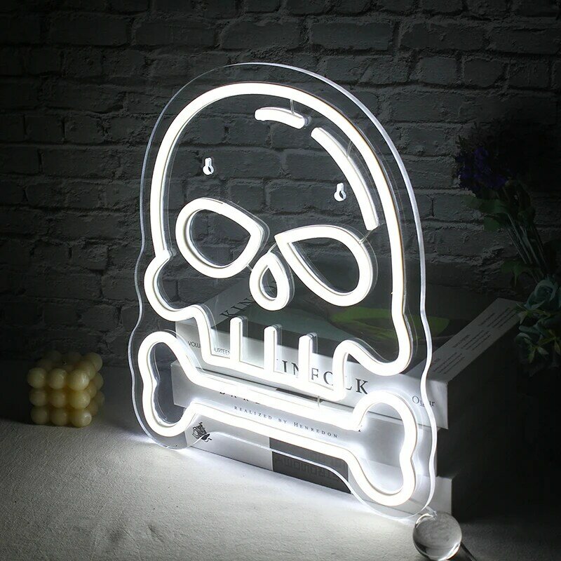 해골 LED 네온 사인 조명, 해골 디자인 로고 벽 램프, 파티 바 클럽 게이머 룸 장식, USB 전원 걸이식 야간 조명