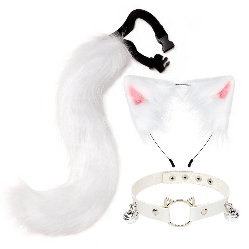 Bando telinga hewan berbulu, untuk rambut telinga kucing kalung Hoop Set ekor Choker kulit untuk pesta Halloween mewah Dres