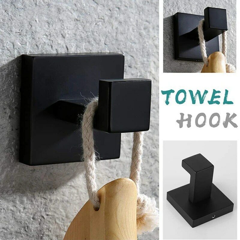 Gancho de toalha à prova de ferrugem de aço inoxidável, montado na parede, quadrado, banheiro, cozinha, banheiro, roupas, casaco, cabide, fosco, preto