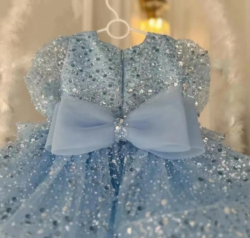Luxury Crystals Princess Flower Girl Dress Scoop Neck Puff Girls Party Dresses for Wedding Tulle Kids Christmas Ceremonial Dress