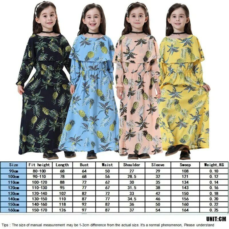 Платья с длинными рукавами для девочек, мусульманские Арабские халаты с круглым вырезом для девочек, цветочные платья, турецкая исламская одежда, детские халаты