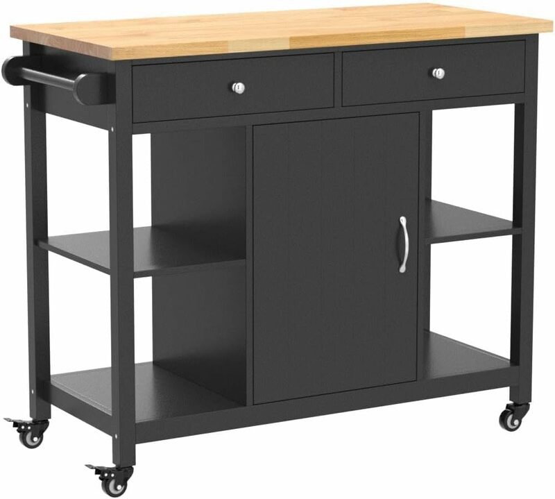 ChooChoo Kitchen Islands on Wheels with Wood Top, Utility Wood Movable Kitchen Cart with Storage and Drawers, Black