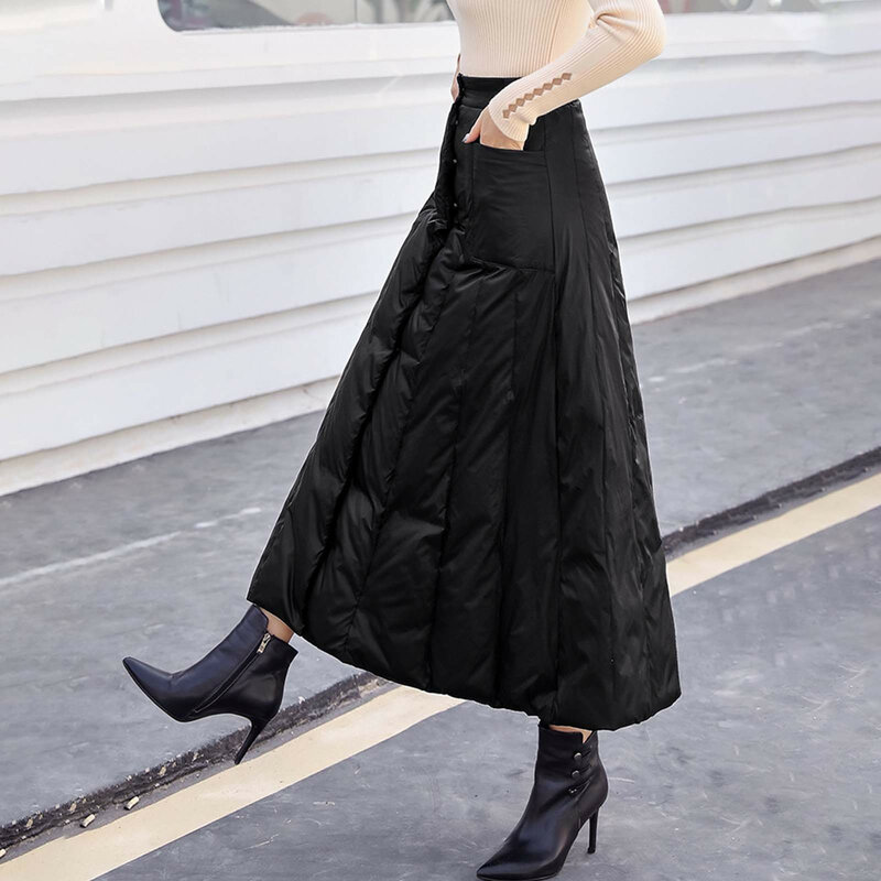 Winter Women's Cotton Down Skirt High Waist Casual Long Skirt for Women Thick Warm Female Padded Black Skirts