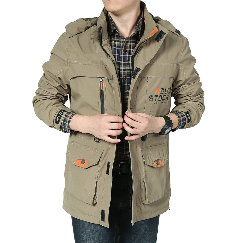 Jaqueta exterior impermeável masculina, roupa casual, jaqueta de meia-idade, tamanho grande, comprimento médio, respirável, outono e inverno
