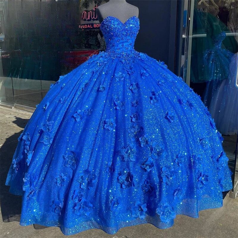로얄 블루 프린세스 퀸시네라 드레스, 볼 가운, 연인 꽃 아플리케, 스위트 16 드레스, 15 아뇨 커스텀