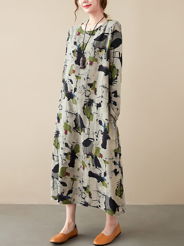 Z długim rękawem bawełniana pościel nadruk w stylu Vintage sukienki dla kobiet 2023 wiosna jesień luźna Casual Midi sukienka Femme eleganckie ubrania