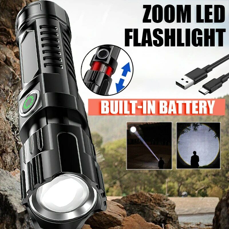 Senter LED Zoom kuat, senter luar ruangan portabel, lentera multifungsi, pengisian daya USB, tampilan baterai bawaan