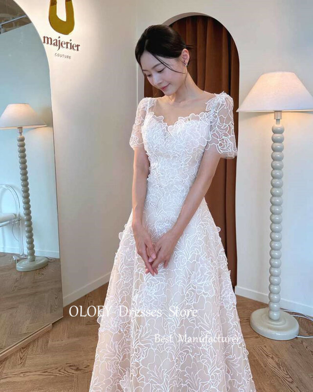 OLOEY, изящные кружевные трапециевидные корейские свадебные платья для фотосессии, винтажные Свадебные платья до пола с короткими рукавами, корсет/молния на спине