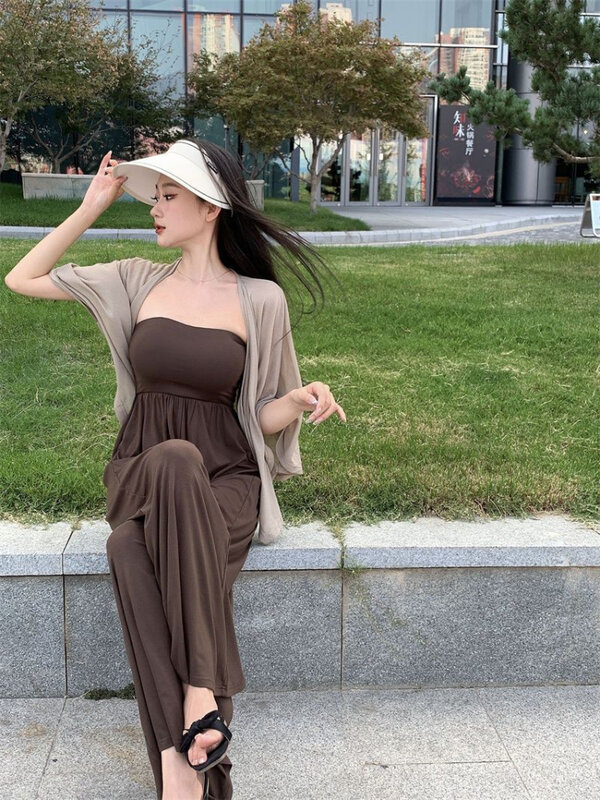 Matching Sets Women Jumpsuits Strapless Solid Soft Elegant Ladies Chic Streetwear Loose Fit Summer Fashion Two-piece Trendy