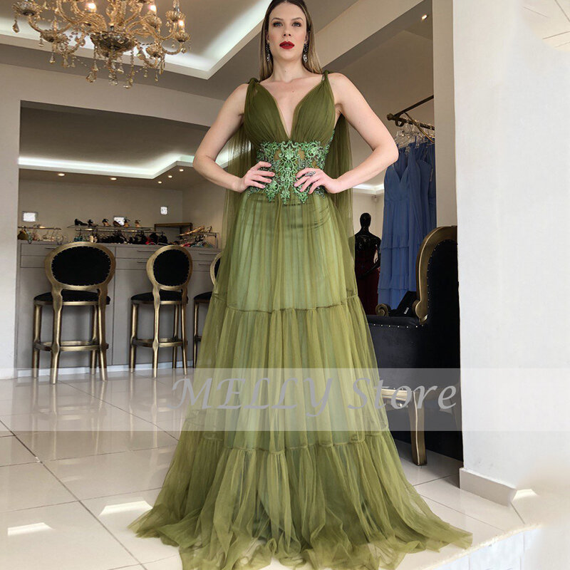 Grün Abendkleider Für Frauen Einfache Ärmellose V-ausschnitt Party Kleider Mit Applique Reich A-Line Sweep Zug Vestidos De Noche