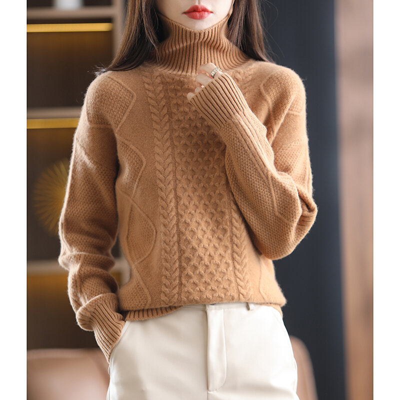 2023 jesień/zima nowy 100% wełniany kaszmirowy sweter damski dzianinowy pulower z wysokim dekoltem luźna koreańska moda damska Top kurtka