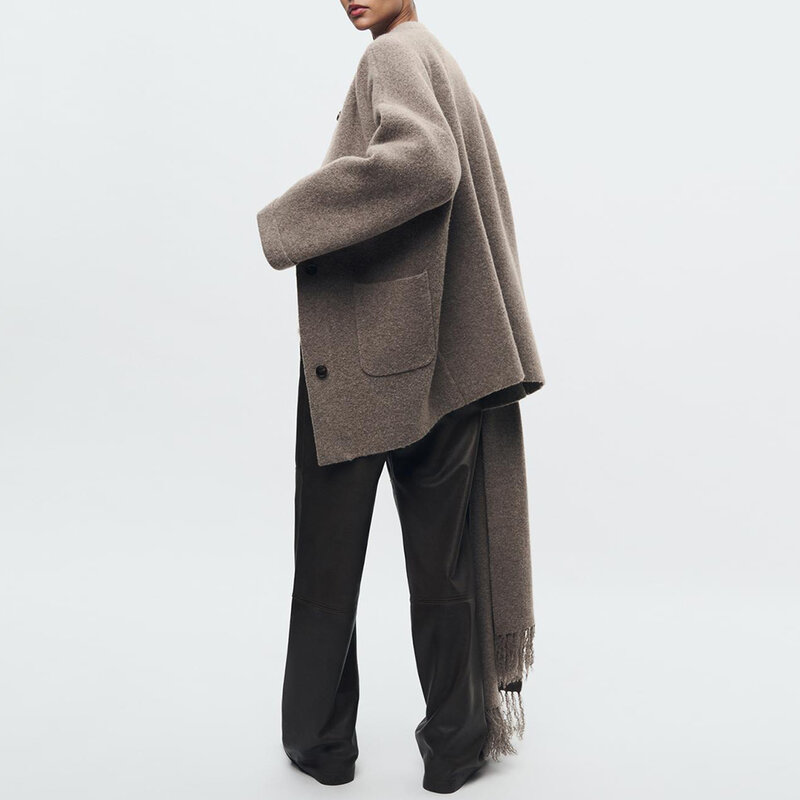 Cardigan élégant avec écharpe pour femme, veste décontractée, manches longues, patchwork, poche, pull de bureau mince