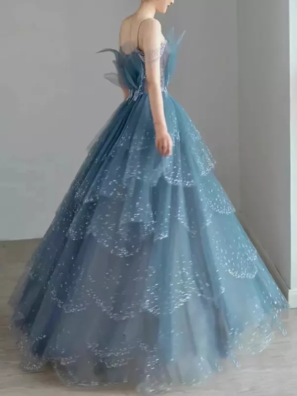 Lanmu 2024 3d Blumen Pailletten Abschluss ball Abendkleider staubig blau Tüll geschichteten Rock Spaghetti träger Schatz langes Kleid Kleid