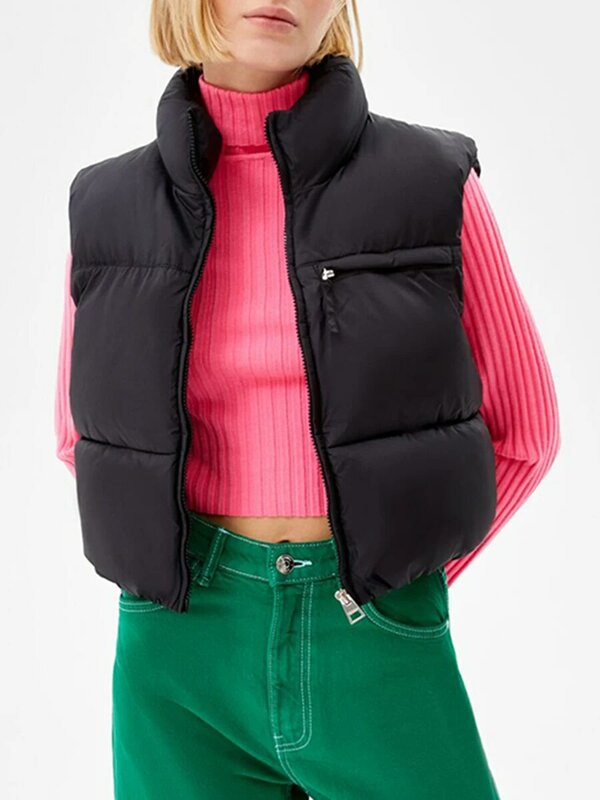 Women Cropped Puffer Vest Warm Solid Color Lightweight Sleeveless Zipper Down Jacket for Winter Outwear Streetwear