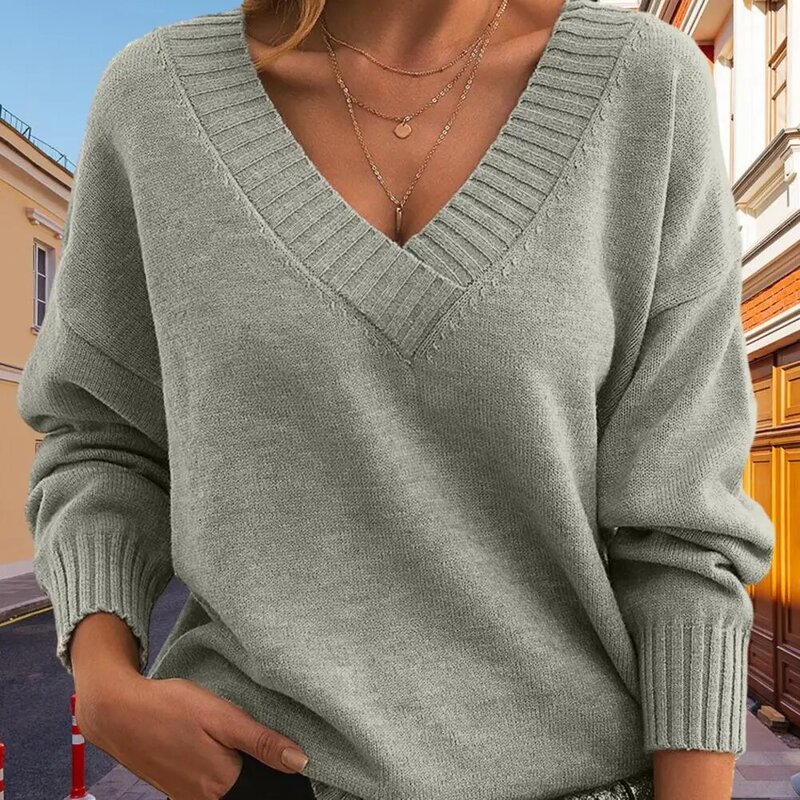 Sweater rajut hangat wanita, baju Hipster wanita ukuran besar kasual Sweater panjang rajut longgar leher V warna polos