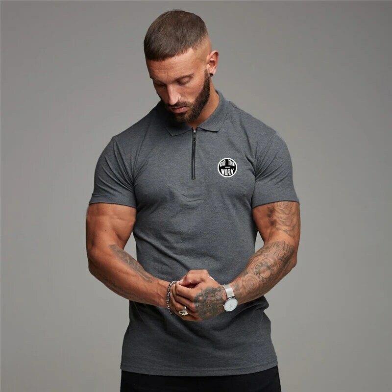 England style Fashion Cotton Fitness Polo T-Shirt Men Polo Shirt Zip Polo Tees  Brand Short Sleeve Gym Bodybuilding Clothing