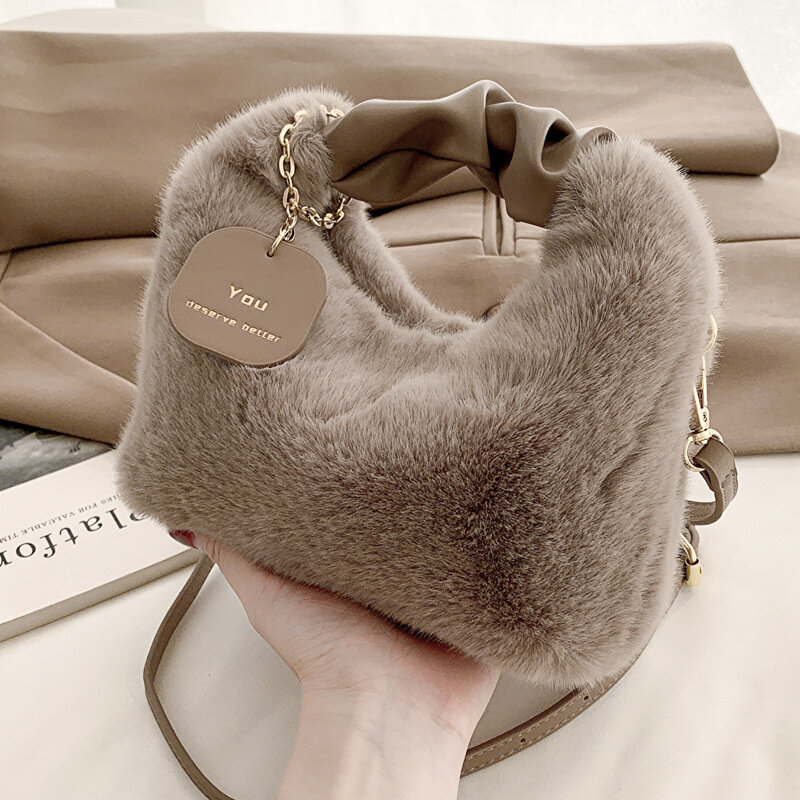 Women Faux Fur Handbags Zipper Small Lady Shoulder Bag Casual Tote Half-Moon Hobos Winder Crossbody Bag For Traveling Shopping