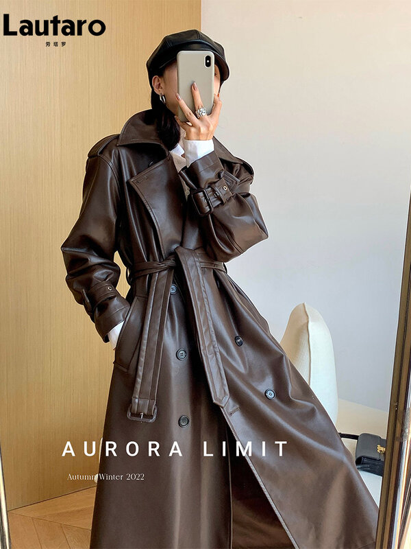 Lautaro Spring Autumn Long Loose Brown Pu Leather Trench Coat for Women Belt Double Breasted American and European Fashion 2023