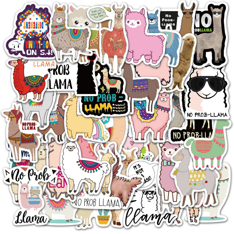 Pegatina de grafiti de PVC de Alpaca Kawaii, 50 piezas, decoración de teléfono, accesorios de álbum de recortes, copos de pegatinas para niños