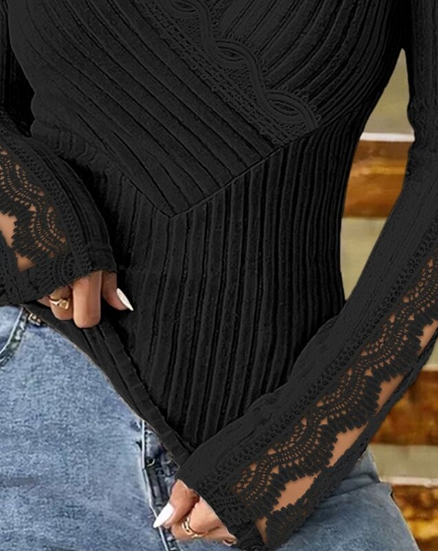 Woman Fashion V-Neck Lace Patch Long Sleeve Top Temperament Commuting Women's Casual Clothes New Female Skinny Knitted Pullovers