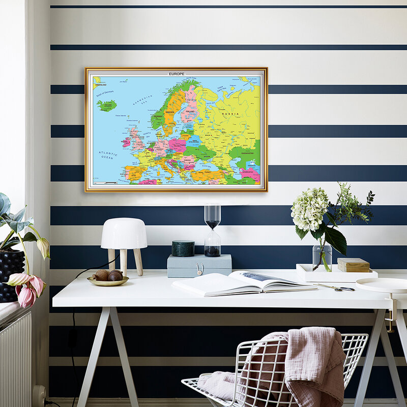 Mapa da Europa com Detalhes Wall Art Poster, Pintura em Canvas, Viagens e Material Escolar, Sala de aula Decoração, Decoração do lar, 59x42cm