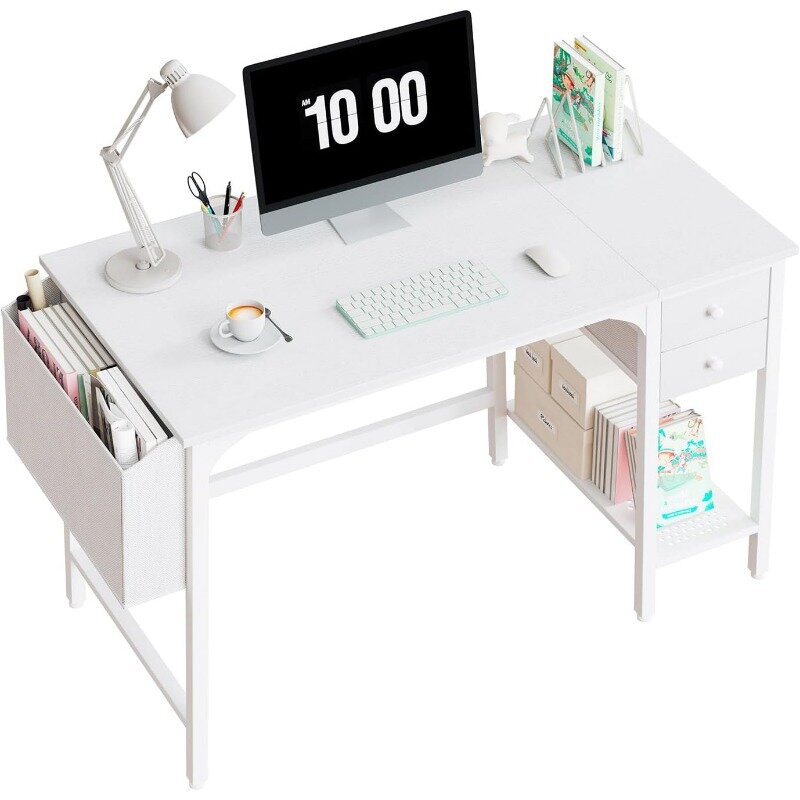 Lufeiya 흰색 작은 책상 서랍, 작은 공간 가정 사무실용 컴퓨터 책상, 현대 간단한 공부 쓰기 테이블 PC, 40 인치