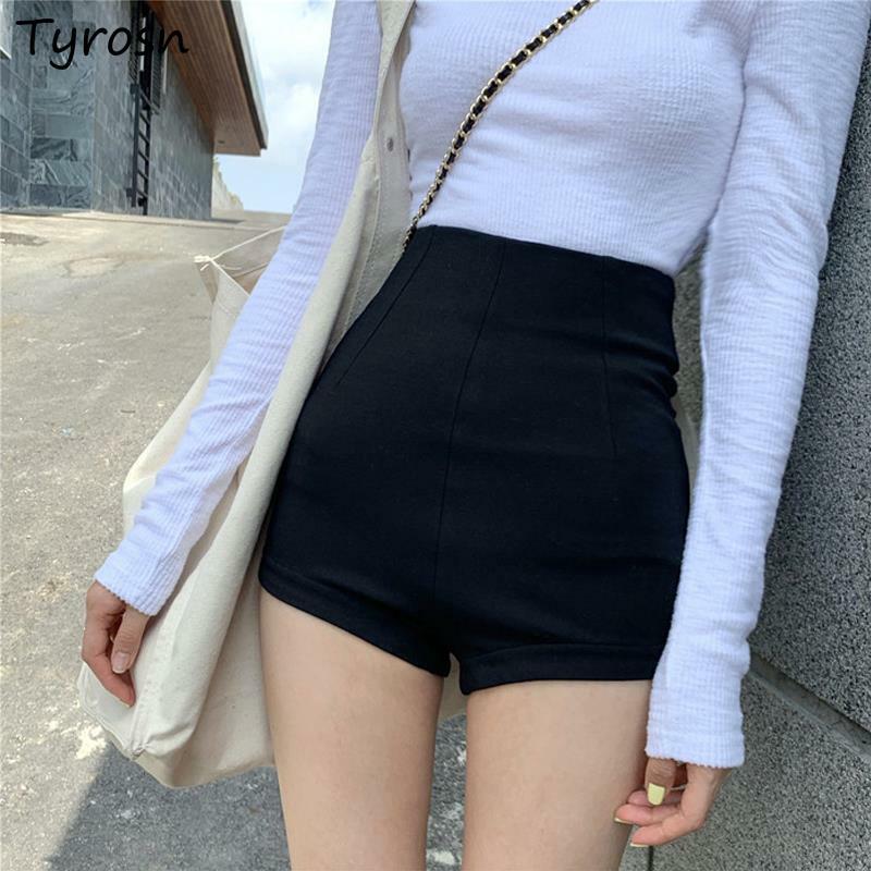 Celana Pendek XS-5XL Wanita Desain Seksi Skinny Pendek Elegan Streetwear Hitam Solid Elastis Ramping Pinggang Tinggi Celana Panjang Mujer Pakaian