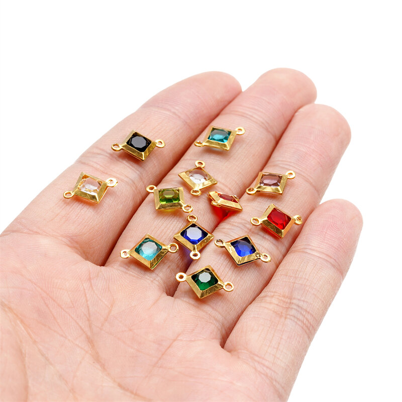 10 buah baja tahan karat lubang ganda belah ketupat dengan kristal berlian imitasi gelang kalung konektor liontin untuk DIY pembuatan perhiasan