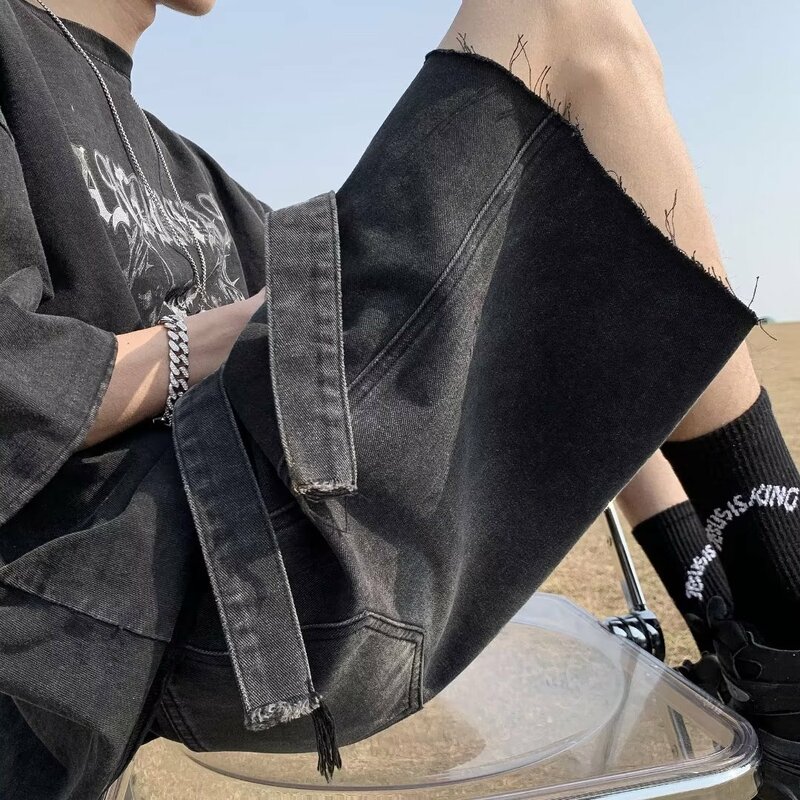 Celana pendek Denim kaki lebar pria, Jeans kasual longgar lurus Hip Hop gaya Korea musim panas