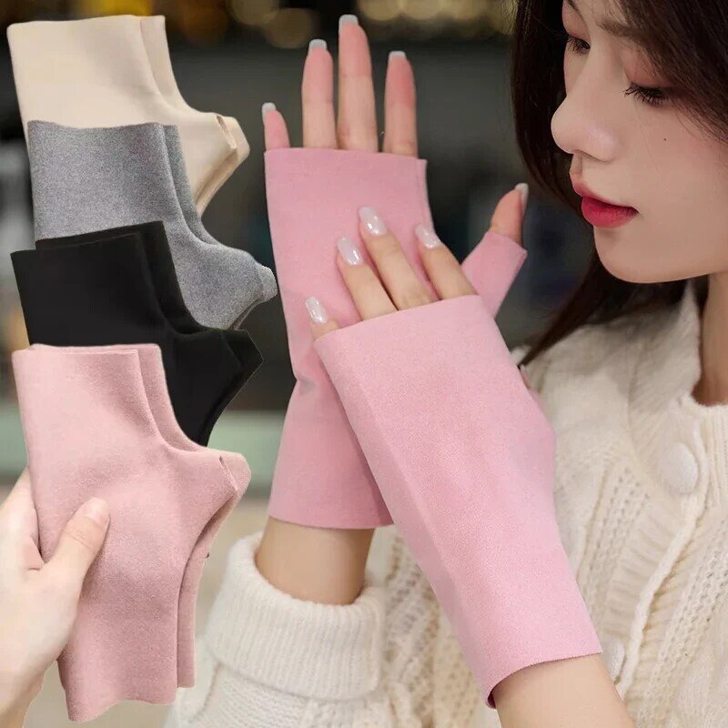 Женские перчатки с открытыми пальцами, бархатные перчатки без пальцев, тонкие зимние теплые варежки для вождения с защитой ладони на запястье