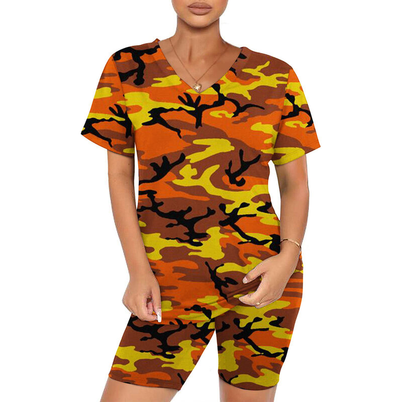 2023 Summer Fashion New Casual Camouflage Short Sleeve V-Neck Top and Shorts Set