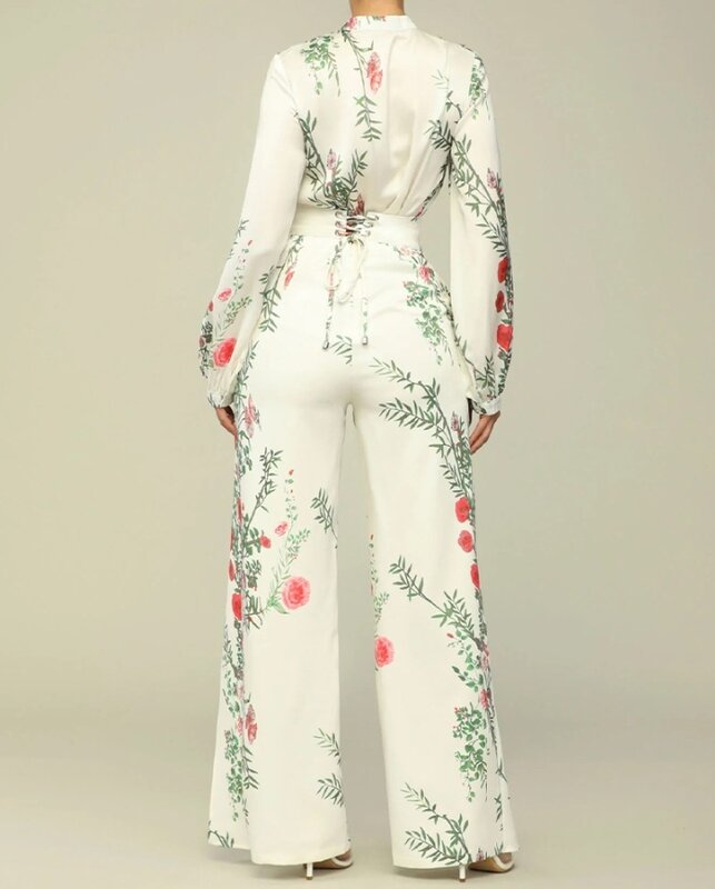 Women's Two-Piece Set 2024 Spring Summer Stand Collar Floral Print Ruffle Hem Long Sleeve Top & Lace-Up High Waist Pants Set