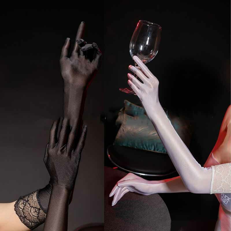 Женские глянцевые кружевные чулки, перчатки Aurora, сексуальные ультратонкие прозрачные эластичные облегающие варежки на пальцах, модные длинные перчатки