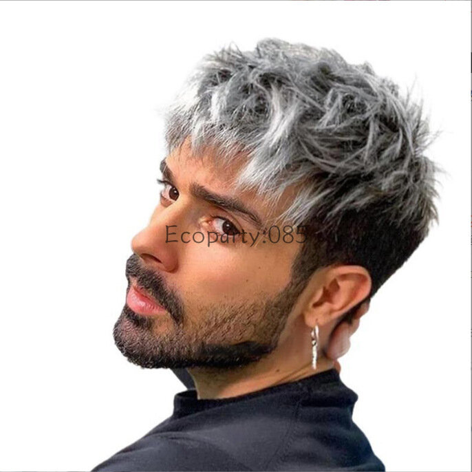 Cor gradiente cinza prateado Cosplay Perucas para homens, cabelo curto encaracolado bagunçado, alta temperatura, cabelo sintético resistente ao calor