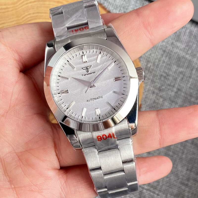 Tandorio piaskowa wydma NH35 PT5000 stalowy zegarek mechaniczny męski srebrny lakier do paznokci 36mm 39mm zamek ślizgowy 904L bransoletka Relogios
