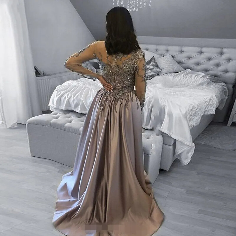 Lace A-Line Prom Evening Dresses Long Sleeves Floor Length Side Split Plus Size Formal Prom Gowns Satin Beaded Vestido De Noche