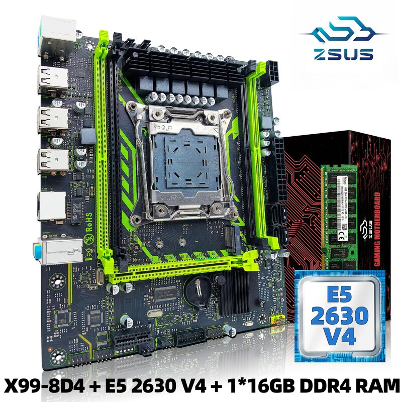 Kit de placa base X99-8D4 ZSUS, con Intel LGA2011-3 Xeon E5 2630 V4 CPU DDR4, 16GB (1x16GB), memoria RAM de 2133MHZ, NVME M.2 SATA