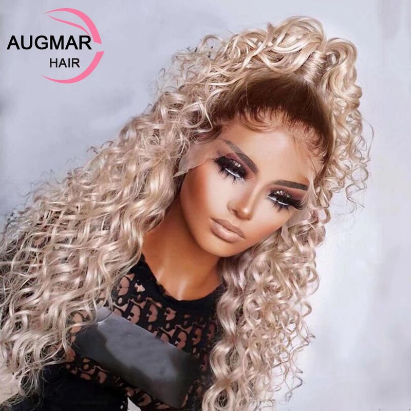 13x4 Ash blond kręcone koronki przodu peruki z ludzkich włosów dla kobiet 180% Remy HD 13x6 peruki z ludzkich włosów brazylijski 360 głęboka fala przednia peruka